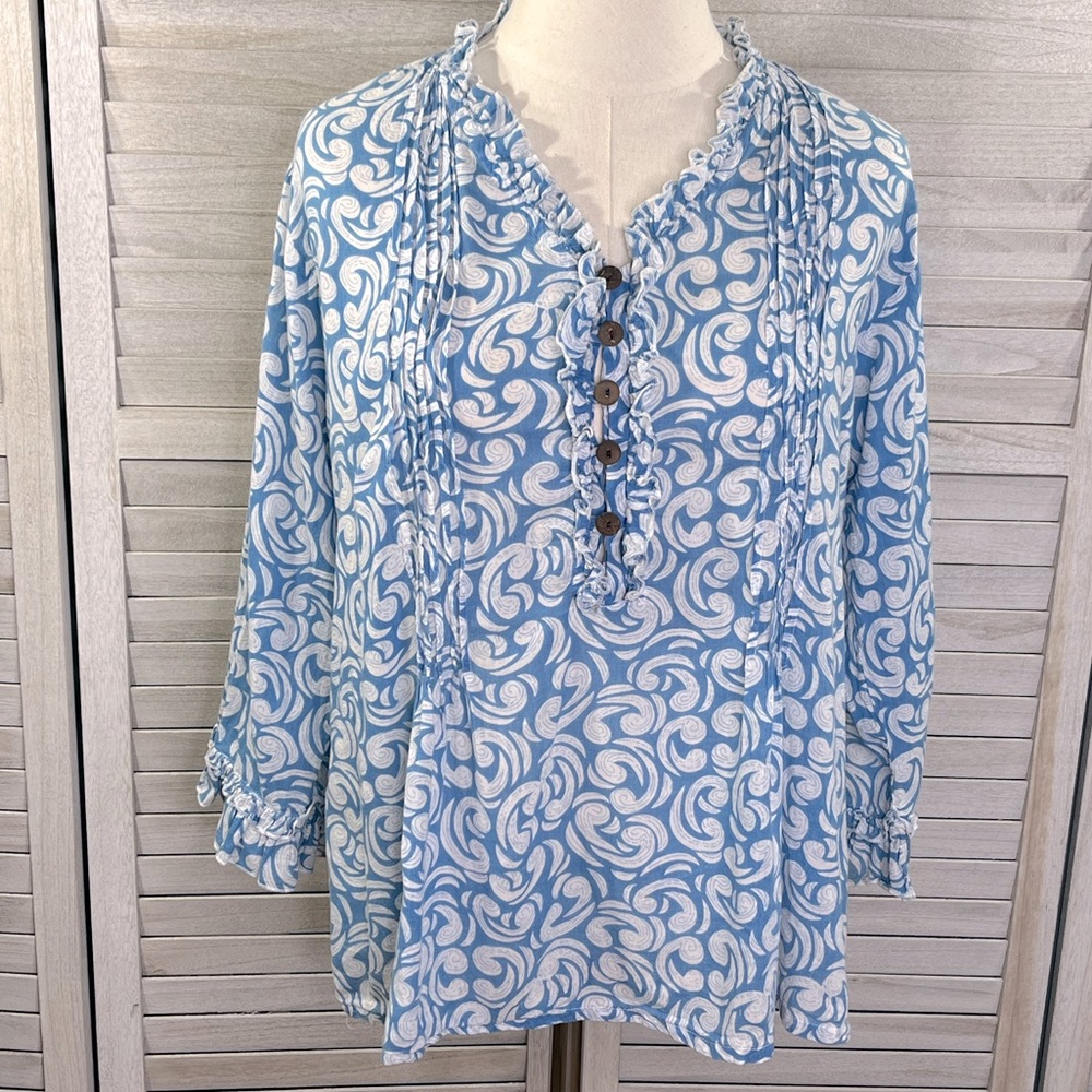 MEXACALI BLUES 100% Cotton Blouse Blue/White Print-Large
